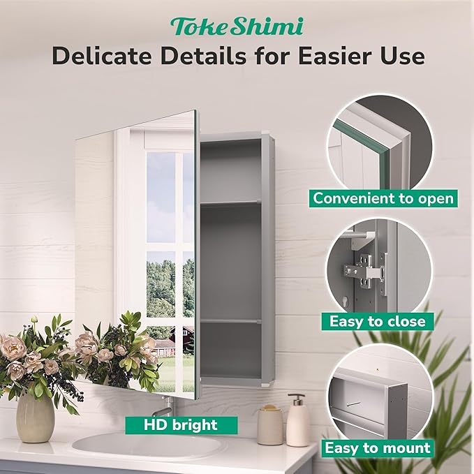 TokeShimi 24x32 Mirrored Medicine Cabinet Recessed or Wall Mount, Aluminum Tempered Silver Bathroom Medicine Cabinet with Mirror with Stepless Adjustable Storage Metal for Modern Farmhouse