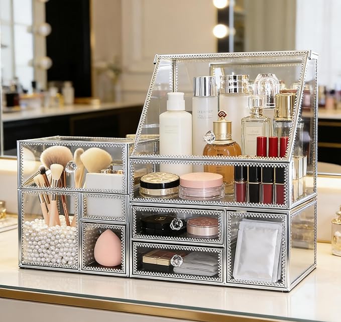 Hersoo Glass Makeup Organizer for Vanity/Stackable 2Pieces Drawer Set/Antique Countertop Vanity Cosmetic Storage Box Mirror Glass Beauty Display, Holder for Brushes Lipsticks Skincare Toner (Silver)