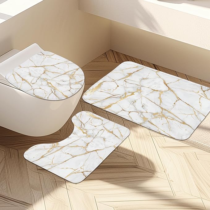 Newsely 4Pcs White and Gold Marble Shower Curtain Set With Non-Slip Rugs, Toilet Lid Cover and Bath Mat, Abstract Modern Crack Line Shower Curtain With 12 Hooks, Luxury Bath Curtain for Bathroom Decor