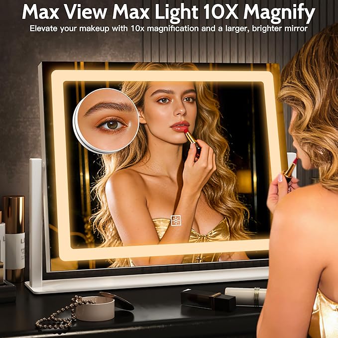12" x16" Vanity Mirror with Lights, LED Makeup Mirror with Lights,10X Magnification Mirror with 360°Rotation, 3 Color Modes＆ Dimmable, LED Mirror for Desk, Travel, White