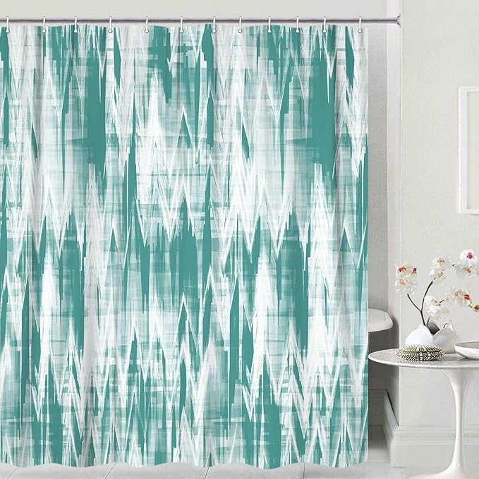 JAWO Teal Green Shower Curtain, Modern Abstract Pattern Machine Washable Home Bathroom Decorations, Aqua White Striped Wave Shower Curtain Set with Hooks Waterproof Fabric Bath Curtains Home Decor