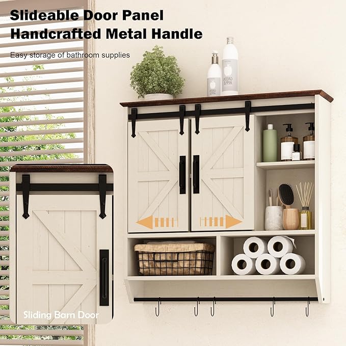 RUSTOWN Farmhouse Bathroom Wall Cabinet,3-Tier Rustic Wood Wall Mounted Cabinets,Vintage Medicine Cabinet with Sliding Barn Door and Adjustable Shelves,Over The Toilet Storage Cabinet (Vintage White)