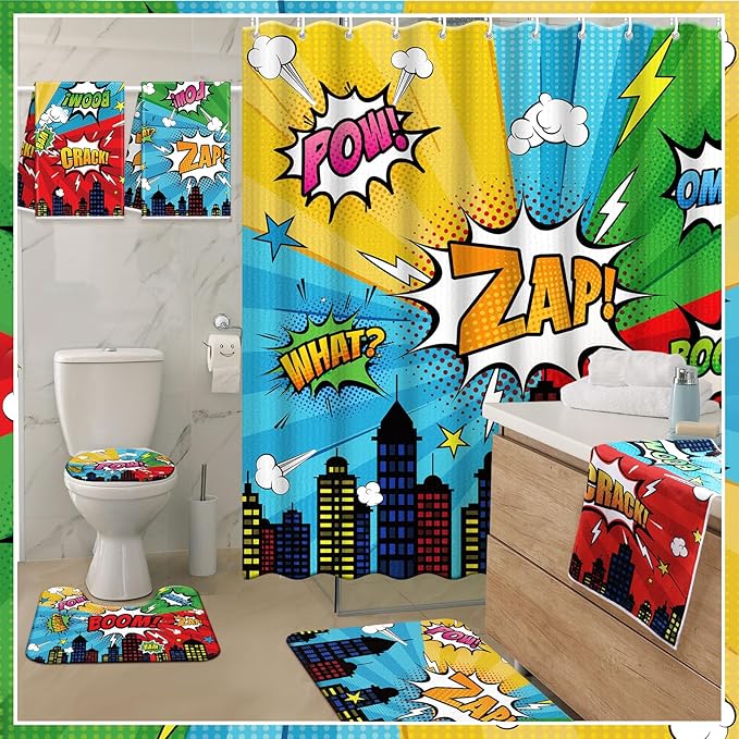 Nuanchu 6 Pcs Hero Themed Shower Curtain Set with Rug Bathroom Sets with Shower Curtain Bath Mat U Shaped Mat Toilet Lid Cover 2 Bath Towels and 12 Hooks Hero Themed Bathroom Decor