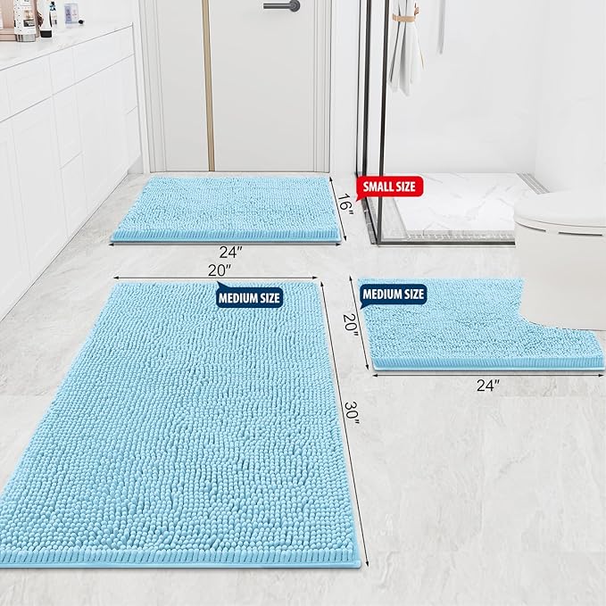 Smiry Luxury Chenille Bathroom Rugs 48x32, Extra Soft and Absorbent Shaggy Bath Mat, Machine Washable, Non-Slip Plush Carpet Runner for Tub, Shower, and Floor, Home Decor Accessories, Sky Blue