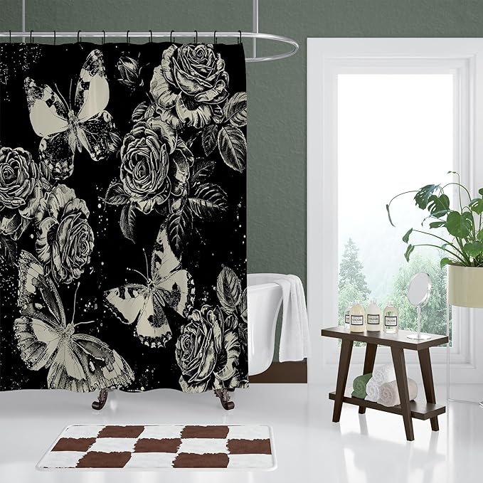 Dark Gothic Butterfly and Flower Shower Curtains for Bathroom,Black Witchy Floral Shower Curtain,Funny Waterproof Polyester Butterfly and Flower Bathroom Decor,72 X 72 Inch