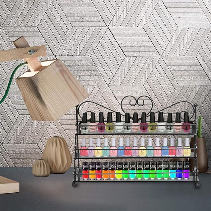 Dazone Mounted 3 Tier Metal Shelf Nail Polish Wall Rack Essential Oils Perfume Organizer (Black)