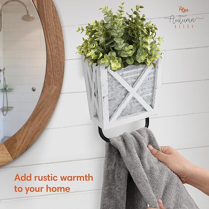 Autumn Alley Farmhouse Decor Rustic Hand Towel Holder - Farmhouse Towel For Bathroom Wall, For Kitchen Wall With Wooden Storage Add Charm to Your Rustic Bathroom Hand Towel Rack and Shelf Decor, White