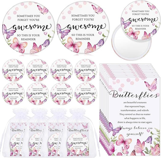 25 Set Mother's Day Inspirational Compact Mirror Religious Bulk Gift for Women Christian Mini Makeup Pocket Mirror Administrative Professional Gift with Card for Volunteer Employee Teacher (Butterfly)