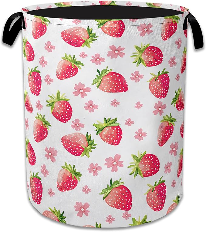 Straberry Flower Laundry Basket Collapsible Laundry Hamper Clothes Toy Storage Bin for Bathroom Bedroom Room Decor 16" X 20.8"
