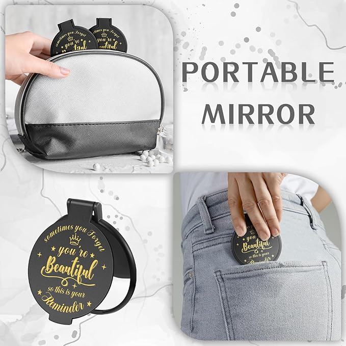 100 Pcs 2.76 Inch Inspirational Compact Mirror Bulk Women Small Gifts Graduation Party Favors Purse Mirror Pocket Mini Stuffer Items for Adult Coworker Cheerleader Employee (Black)