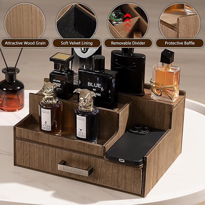 Cologne Organizer for Men, 3 Tier Perfume Display Stand with Drawer and Hidden Compartments, Stylish Wooden Mens Cologne Holder for Dresser Storage, Great Gift for Men/Fathers, Brown