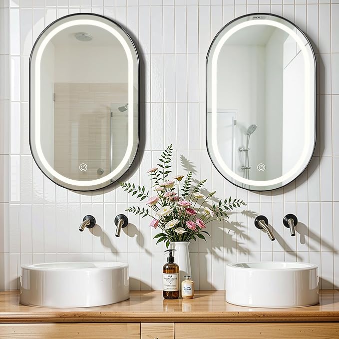 SogesHome Wall Mounted Mirror Medicine Cabinet 33"X20" with LED Lights, Oval Vanity Mirror Storage with Shelves, Modern Decro Recessed Mirror Medicine Cabinet for Bathroom, Bedroom, Black