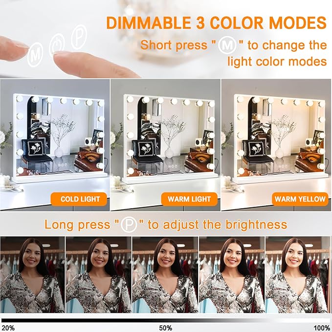 FENCHILIN Vanity Mirror with Lights, 22.8"x 18.1" Hollywood Makeup Mirror with 15 LED Dimmable Bulbs Lighted Vanity Mirror with USB Charging Port 10X Magnification Tabletop for Bedroom