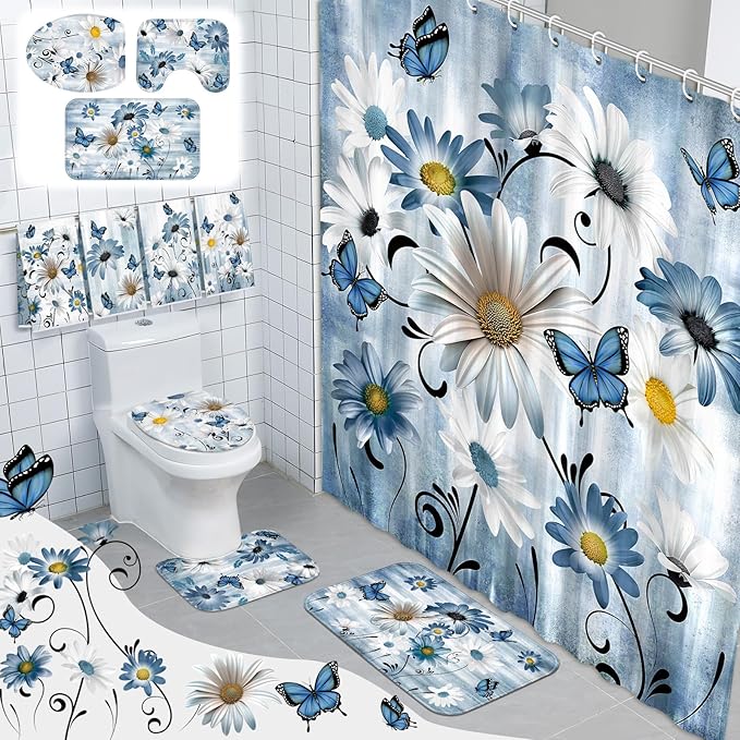 FuWeave 8 Pcs Rustic Farmhouse Shower Curtain Sets for Bathroom Daisy Floral and Butterfly Shower Curtain Sets with Rugs, Flowers Towels, Non-Slip Rug, Toilet Lid Cover, Bath Mat and 12 Hooks (Blue)