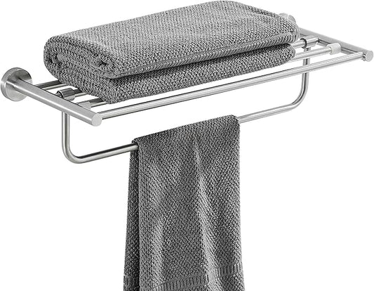 VOLPONE Bathroom Towel Rack - Stainless Steel Towel Shelf with 24-Inch Towel Bar, Wall Mounted Towel Storage Organizer (Brushed Silver)