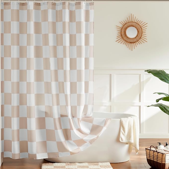 Checkered Shower Curtain, Beige Shower Curtains for Bathroom, Cute Retro Checkboard Shower Curtain Vintage Aesthetic, Washable Fabric Bath Curtain 72''x72''