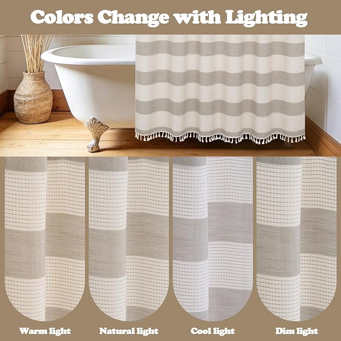 Boho Farmhouse Thick Tan Shower Curtain with Tassels, 350GSM Cotton Linen Soft Fabric Shower Curtain Heavyweight, 72 x 72 Inch Beige Brown Striped Country Bathroom Decor Curtain Water Repellent