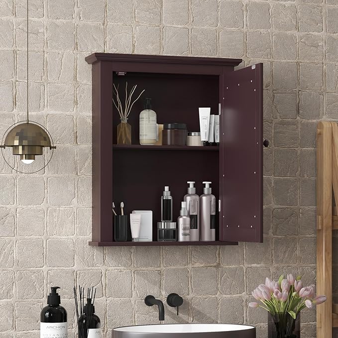 COSTWAY Bathroom Medicine Cabinet with Mirror, Wall-Mounted Storage Cabinet Organizer with 5-Position Adjustable Shelf, Hanging Bathroom Wall Cabinet for Living Room Bedroom Entryway (Brown)
