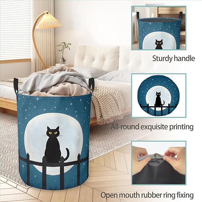 Laundry Basket With Handle, Dirty Clothes Laundry Hamper, Oxford Cloth Bin Storage Organizer for Toy Collection (Starry Night Cat)