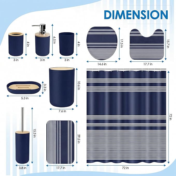 Navy Blue Bathroom Decor and Accessories Set, Striped Blue Shower Curtain and Rug Set with Trash Can, Soap Dispenser, Soap Dish, Toothbrush Holder, Toothbrush Cup, Toilet Brush