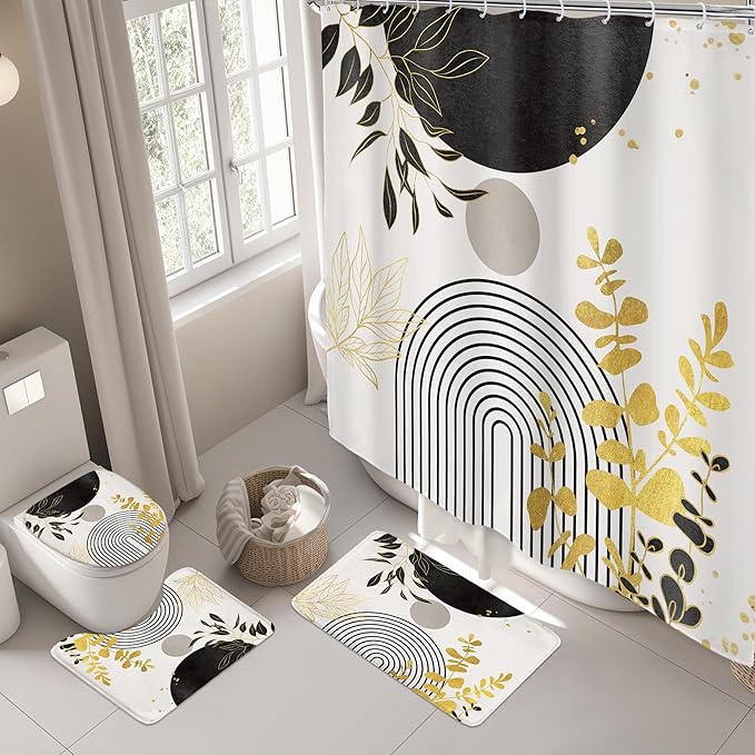 Riyidecor Boho Black Gold 4Pcs Shower Curtain Set with Toilet Lid Cover and Non-Slip Rugs, Mid Century Modern Minimalist Bathroom Decor Set，Abstract Contour and Bath Mat with 12 Hooks