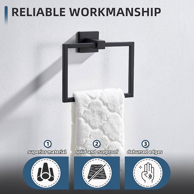 Angle Simple Square Towel Ring Matte Black, SUS 304 Stainless Steel Bathroom Swivel Hand Towel Holder Rack 7.09 Inches, Wall Mount