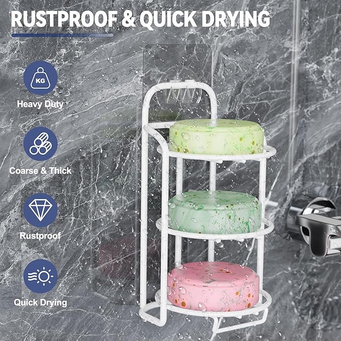 White 3-Tier Shower Soap Shampoo Bar Holder, Self Adhesive & Freestanding Draining Soap Dish Caddy for Bathroom Wall Accesories Decor