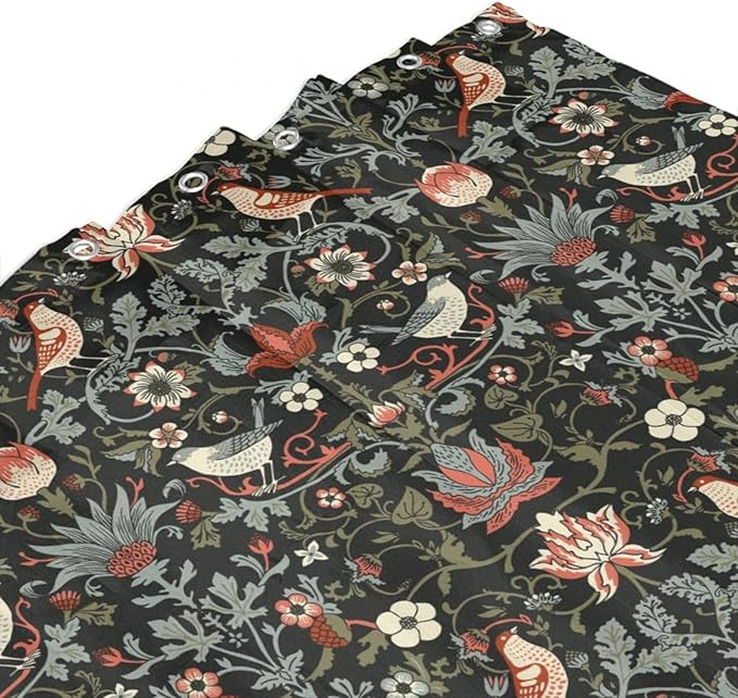 Boho Shower Curtain William Morris Art Print Retro Bird Plant Natural Flower Pattern Print Shower Curtains 66""×72"" Inch, Style-2