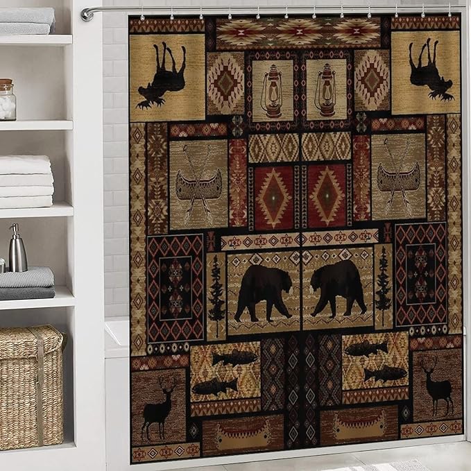 Rustic Bear Tribal 4 Piece Shower Curtain Sets, Non-Slip Rugs, Toilet Lid Cover and Bath Mat, Durable and Waterproof, for Bathroom Decor Set One Size
