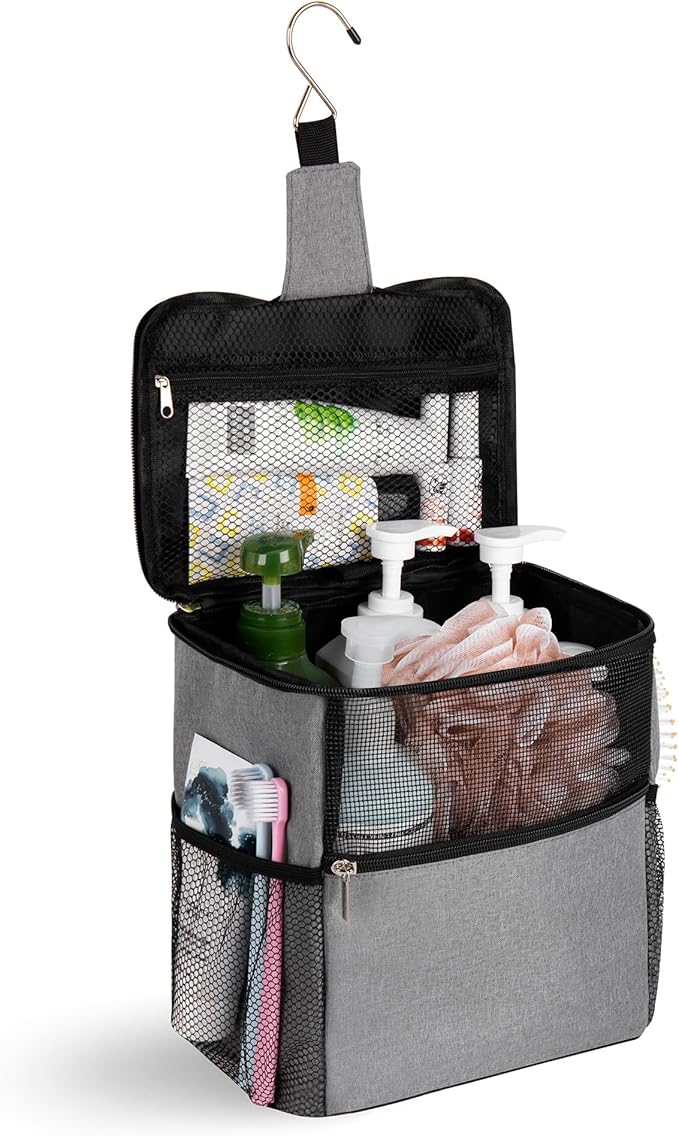 Mesh Shower Caddy Hanging Portable, Bathroom Caddy Organizer for College Dorm Essentials, Shower Tote Bag with Built-in Hook for Beach, Swimming, Gym camping (Grey)