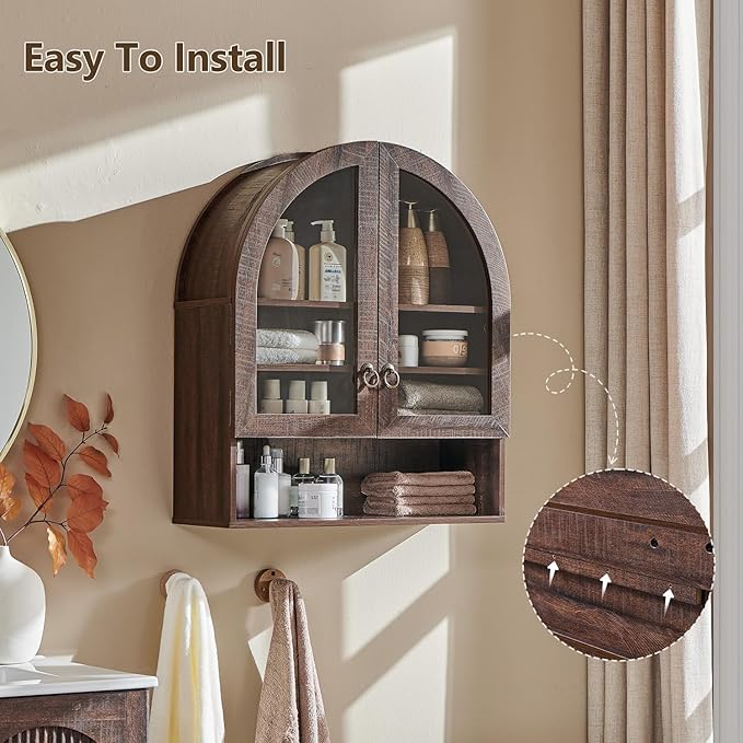 IFGET Bathroom Arched Wall Cabinet, 23.6'' Wide Medicine Cabinet with Adjustable Shelves & Glass Doors, Over The Toilet Storage Wall Mount Cabinet for Laundry Room, Kitchen & Living Room, Dark Walnut