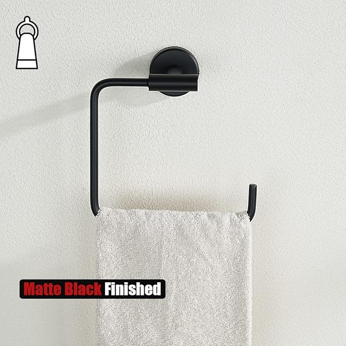 JQK Black Towel Ring, Stainless Steel Square Ring Towel Holder for Bathroom, 6 Inch Matte Black Wall Mount, TR140-PB