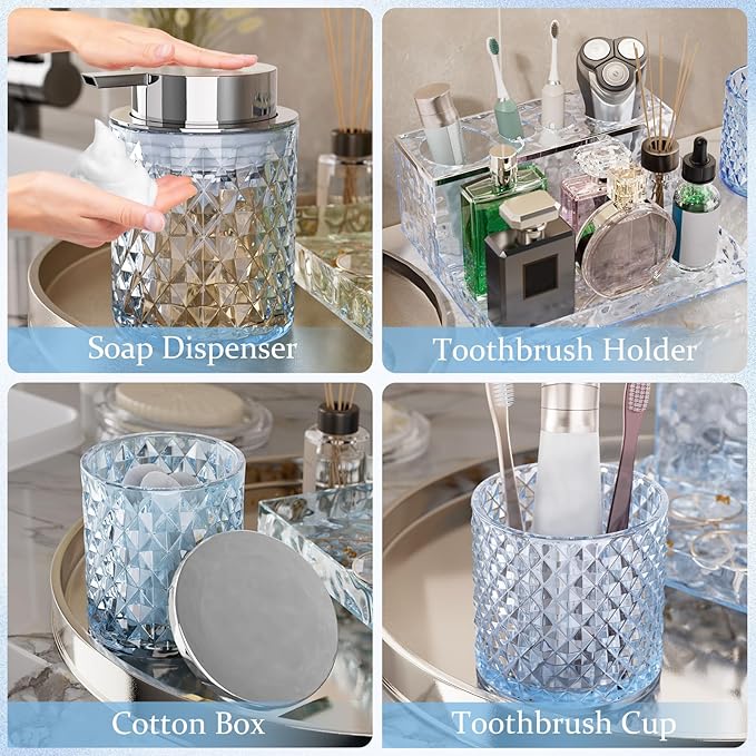 BSSN 20-Piece Blue Glass Bathroom Accessories Set with Shower Curtain and Rugs, Soap Dispenser, Qtip Jar, Toothbrush Holder, All-in-One Complete Bath Decor for Home and Apartment