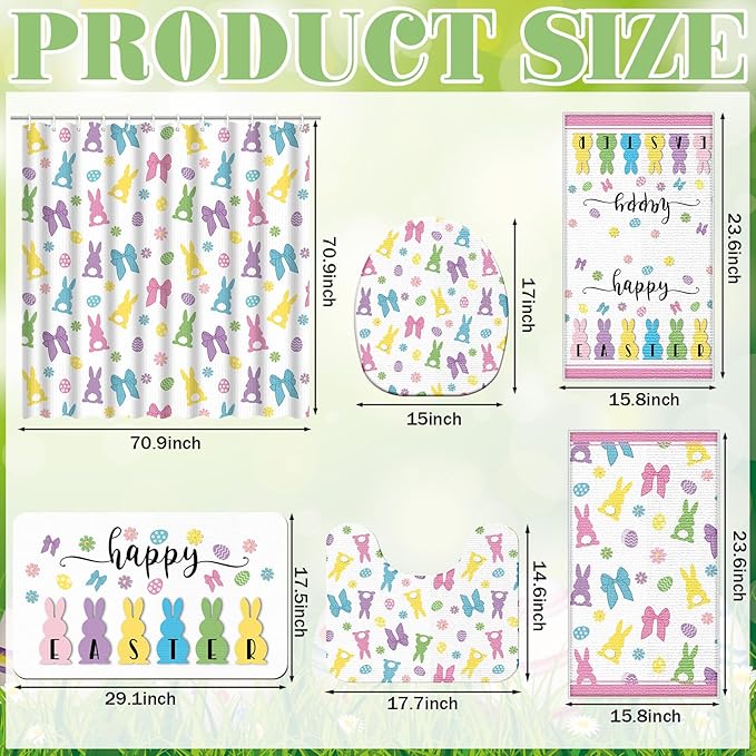 Nuanchu 6 Pcs Easter Shower Curtain Set with Rug Easter Bunny Bathroom Sets with Shower Curtain Bath Mat U Shaped Mat Toilet Lid Cover 2 Bath Towels and 12 Hooks Rabbit Bathroom Decor