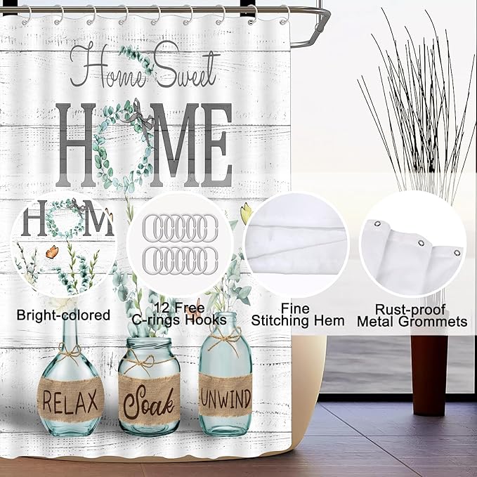 ALEXEX 4 PCS Green Eucalyptus Shower Curtain Sets,Home Sweet Bathroom Set with Shower Curtain and Rugs and Accessories,Farmhouse Country Shower Curtain Bathroom Decor with 12 Hooks,72 X 72 Inches