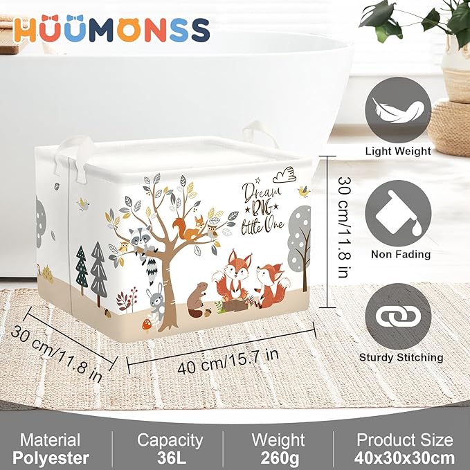 Forest Animals Laundry Hamper Woodland Tree Large Storage Basket Parents Organizer Kids Clothes Toy Bins for Bedroom, Bathroom, Fox, 36L