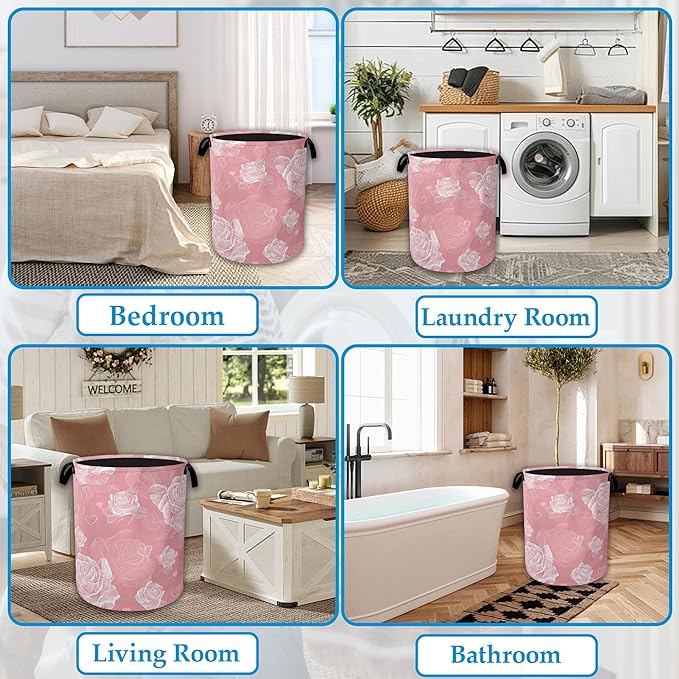 Pink Roses Large Storage Basket Collapsible Laundry Basket Oxford Storage Bin for Toy Bins Gift Baskets Bedroom Clothes Children Nursery Hamper 16" X 20.8"