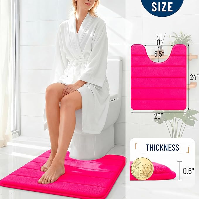 OLANLY Memory Foam Toilet Rugs U Shaped 24x20, Super Soft Absorbent Contour Bath Rugs, Quick Dry, Machine Washable Toilet Mat, Bathmat Floor Carpet, Bathroom Home Decor Accessories, Hot Pink