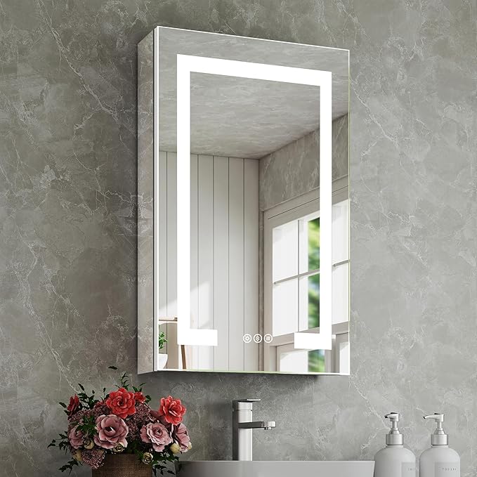 16x24 Inch Bathroom Medicine Cabinet with Mirror, Lighted Bathroom Mirror with Storage, Recessed /Surface Mount Medicine Cabinet with Socket & USB, Anti-Fog, 3 Colors Temperature, Dimmable Light