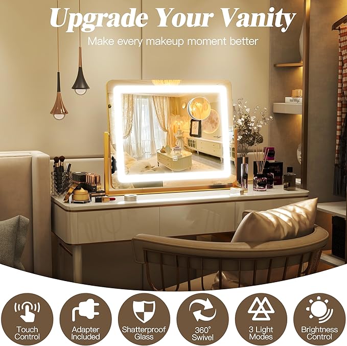 17" x22" Vanity Mirror with Light, LED Makeup Mirror with Lights, 10X Magnification Mirror Makeup with 360°Rotation, 3 Color Modes ＆ Dimmable, Light up Makeup Mirror for Vanity Desk, Travel, Gold