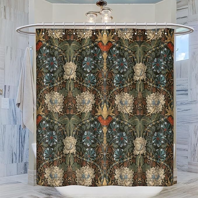 Retro Flower Shower Curtains William Morris Vintage Country Boho Flower Art Print Shower Curtains 66""×72"" Inch, Style-1