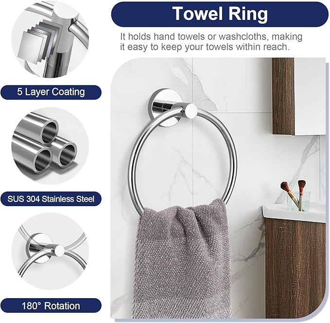 5-Piece Towel Bar Set Polish Chrome Bathroom Hardware Accessories Set Upgraded Toilet Paper Holder with Shelf Towel Holder Set for Bathroom Stainless Steel Wall Mounted