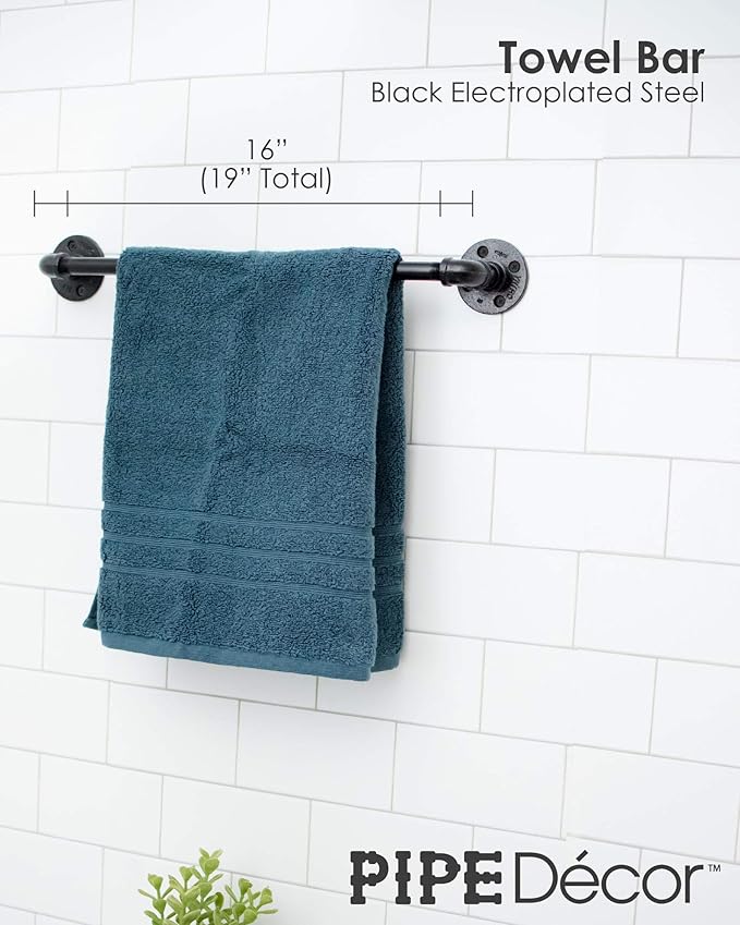 Industrial Pipe Bathroom Hardware Fixture Set by Pipe Decor 3 Piece Kit Includes Robe Hook, 18 Inch Towel Bar and Toilet Paper Holder, Heavy Duty DIY Style, Modern Chic Electroplated Black Finish