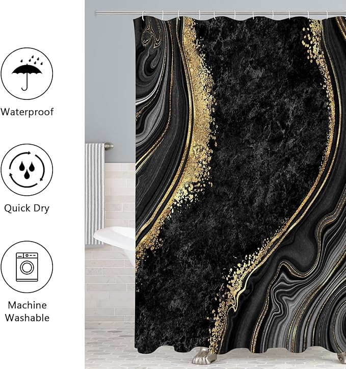 Gibelle 4 Pcs Luxury Marble Shower Curtain Set with Non-Slip Rugs, Toilet Lid Cover and Bath Mat, Black Gold Bathroom Decor Set with Shower Curtain and Rugs and Accessories