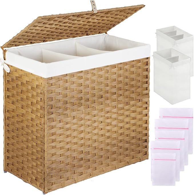 Greenstell Laundry Hamper with Lid, 125L Large Clothes Hamper with 3 Section & 2 Section Removable Liner Bags & 5 Mesh Laundry Bags, Handwoven Synthetic Rattan Divided Laundry Basket, Natural