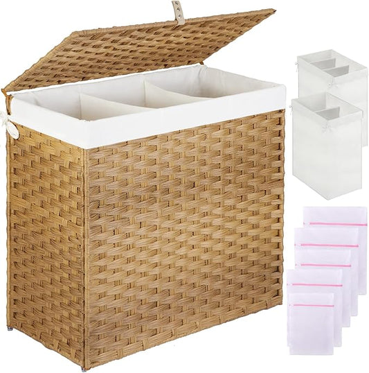 Greenstell Laundry Hamper with Lid, 125L Large Clothes Hamper with 3 Section & 2 Section Removable Liner Bags & 5 Mesh Laundry Bags, Handwoven Synthetic Rattan Divided Laundry Basket, Natural