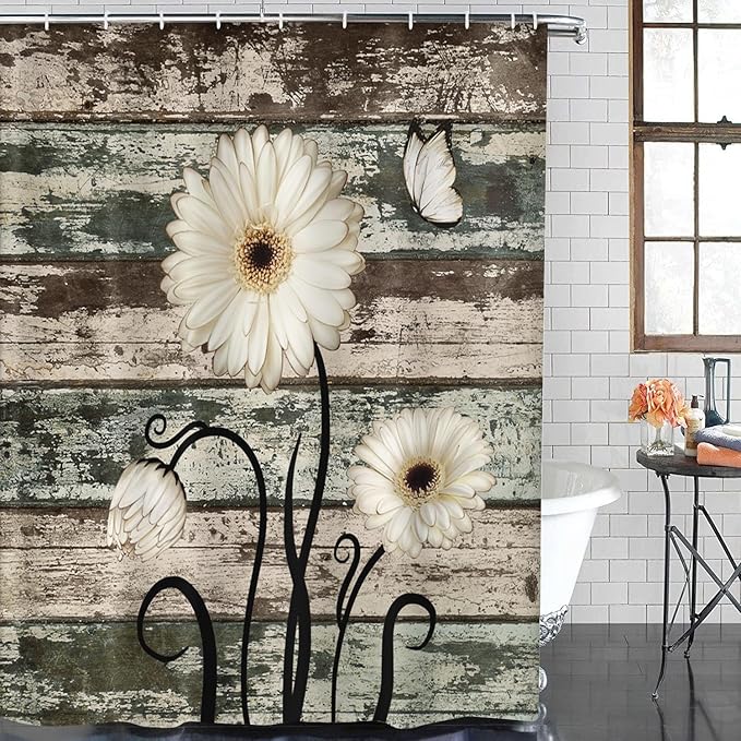ArtSocket Vintage Flower Bathroom Set with Shower Curtain and Bath Rugs and Accessories,Daisy Wooden Non-Slip Shower Curtain Set,Bathroom Decor 3 Pcs