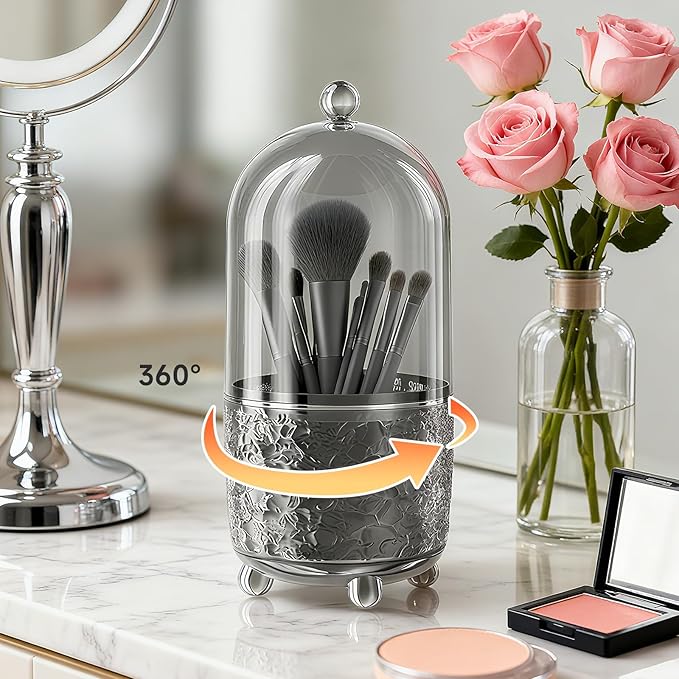 Makeup Brush Holder with Lid, Cosmetic Tools Organizer with Cover, 360?? Rotating Sliding Opening Dustproof Brushes Container for Vanity, Ideal Gift for Girlfriend Wife Friends (Gray)