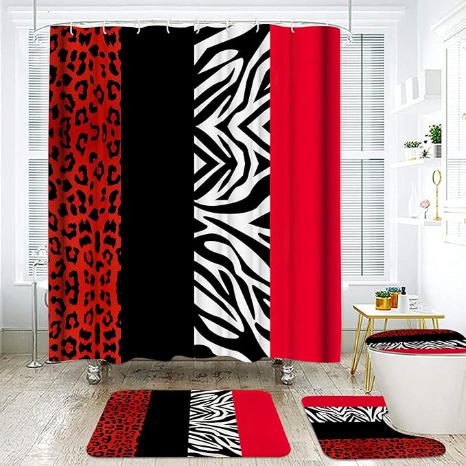 Onalasyc 4Pcs Red Leopard Shower Curtain with Rugs Set Waterproof Cheetah Print Bathroom Sets with Shower Curtain and Rugs Red Leopard Animal Print Bathroom Curtains Shower Set with 12 pcs Hooks