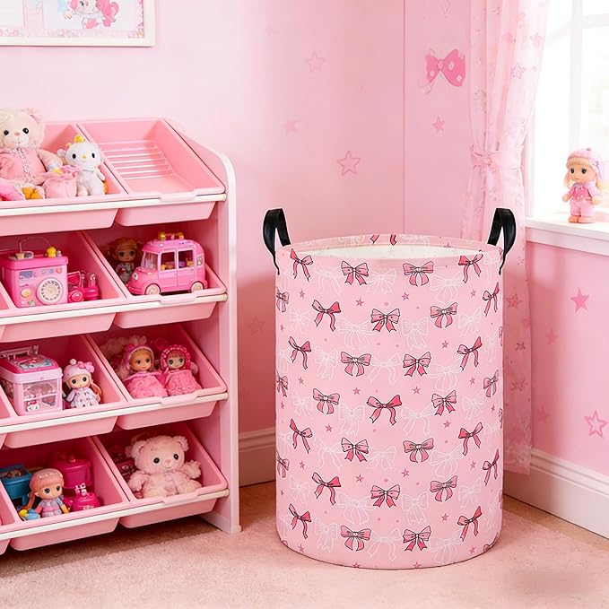 Laundry Hamper Baby Nursery Hamper Waterproof Foldable Kids Laundry Basket Kids Dirty Clothes Hampers Girl Room Decor for Home Gift Baskets(Cute Bow)